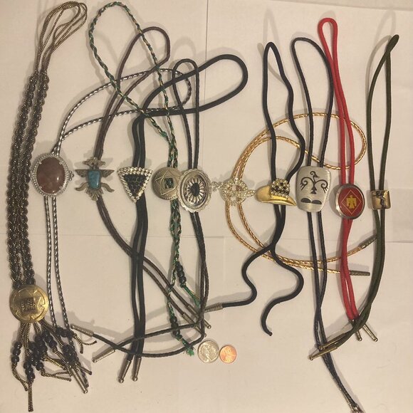 Vintage Lot of 11 Metal Bolo Ties, Very Nice Different Designs, Turquoise, Cowbo